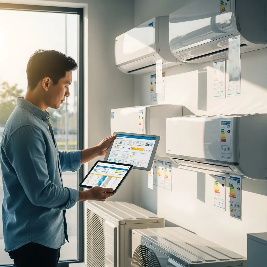 Sunlight illuminates an old building with air conditioners.